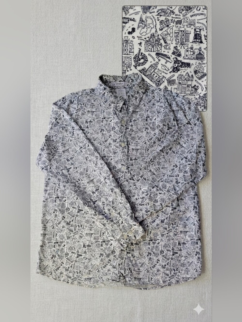 Disney Parks Authentic Button Down Shirt All Over Park Icon Sketch Print Sz M